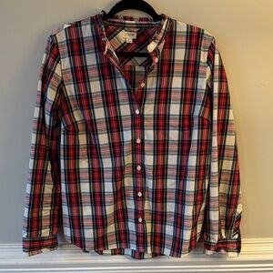 J Crew Factory Women’s Ruffle Neck Button Down in Tartan Plaid size Large